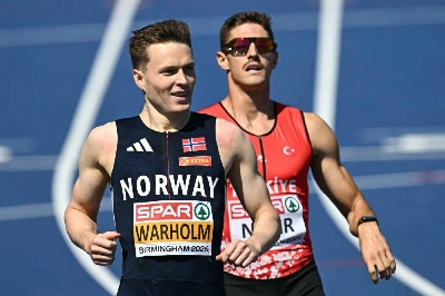 Norway's Karsten Warholm celebrates after arriving first in the men's 400m hurdles semi-final during the European Athletics Championships at Alexander Stadium in Birmingham on August 12, 2026. (AFP) Norway's Karsten Warholm celebrates after arriving first in the men's 400m hurdles semi-final during the European Athletics Championships at Alexander Stadium in Birmingham on August 12, 2026. (AFP)
