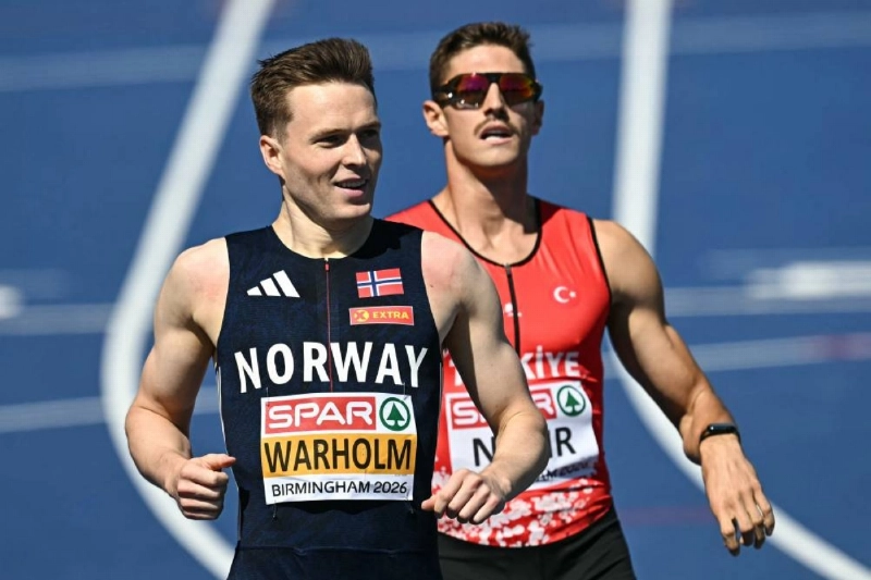 Norway's Karsten Warholm celebrates after arriving first in the men's 400m hurdles semi-final during the European Athletics Championships at Alexander Stadium in Birmingham on August 12, 2026. (AFP) Norway's Karsten Warholm celebrates after arriving first in the men's 400m hurdles semi-final during the European Athletics Championships at Alexander Stadium in Birmingham on August 12, 2026. (AFP)