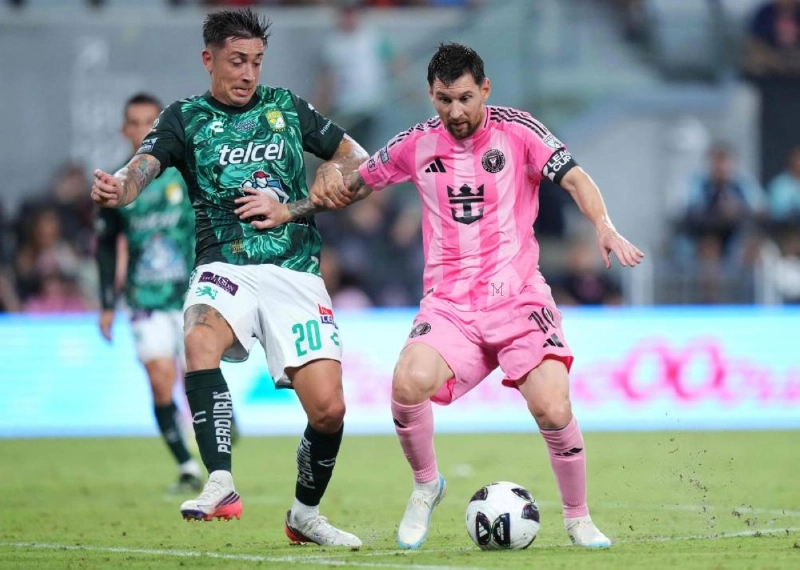 Lionel Messi of Inter Miami CF is challenged by Rodrigo Echeverria of Leon during the Leagues Cup phase one match at Nu Stadium in Miami on August 12, 2026. (AFP) Lionel Messi of Inter Miami CF is challenged by Rodrigo Echeverria of Leon during the Leagues Cup phase one match at Nu Stadium in Miami on August 12, 2026. (AFP)