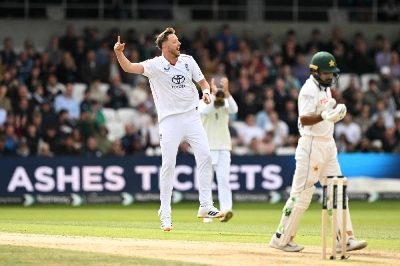 England's Ollie Robinson celebrates after taking the wicket of Pakistan's Abdullah Shafique on the day three of the first Test at Headingley cricket ground in Leeds, northern England on August 21, 2026. (AFP) England's Ollie Robinson celebrates after taking the wicket of Pakistan's Abdullah Shafique on the day three of the first Test at Headingley cricket ground in Leeds, northern England on August 21, 2026. (AFP)