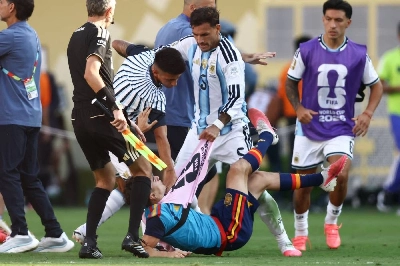 Argentina's midfielder Leandro Paredes clashes with Spain's midfielder Gavi during the 2026 World Cup final at the New York/New Jersey Stadium in East Rutherford on July 19, 2026. Paredes has been suspended for 10 international matches for his behaviour in the aftermath of his country's defeat to Spain in the World Cup final, FIFA said on August 21, 2026. Paredes was also fined $90,000. (AFP) Argentina's midfielder Leandro Paredes clashes with Spain's midfielder Gavi during the 2026 World Cup final at the New York/New Jersey Stadium in East Rutherford on July 19, 2026. Paredes has been suspended for 10 international matches for his behaviour in the aftermath of his country's defeat to Spain in the World Cup final, FIFA said on August 21, 2026. Paredes was also fined $90,000. (AFP)