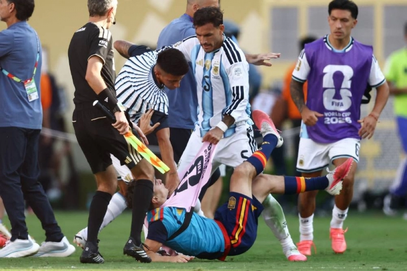 Argentina's midfielder Leandro Paredes clashes with Spain's midfielder Gavi during the 2026 World Cup final at the New York/New Jersey Stadium in East Rutherford on July 19, 2026. Paredes has been suspended for 10 international matches for his behaviour in the aftermath of his country's defeat to Spain in the World Cup final, FIFA said on August 21, 2026. Paredes was also fined $90,000. (AFP) Argentina's midfielder Leandro Paredes clashes with Spain's midfielder Gavi during the 2026 World Cup final at the New York/New Jersey Stadium in East Rutherford on July 19, 2026. Paredes has been suspended for 10 international matches for his behaviour in the aftermath of his country's defeat to Spain in the World Cup final, FIFA said on August 21, 2026. Paredes was also fined $90,000. (AFP)