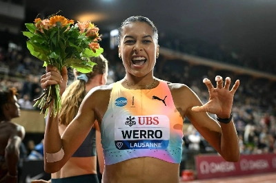 Switzerland's Audrey Werro celebrates after winning the women's 800m final ahead of Netherlands' Femke Broeders-Bol during the Diamond League meeting at the Stade Olympique de la Pontaise in Lausanne on August 21, 2026. (AFP) Switzerland's Audrey Werro celebrates after winning the women's 800m final ahead of Netherlands' Femke Broeders-Bol during the Diamond League meeting at the Stade Olympique de la Pontaise in Lausanne on August 21, 2026. (AFP)