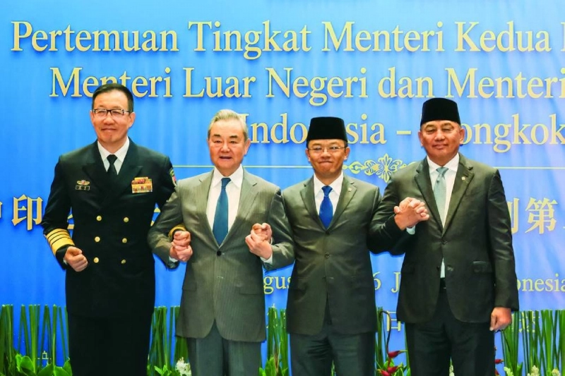 From left: Chinese Defence Minister Dong Jun, Chinese Foreign Minister Wang Yi, Indonesian Foreign Minister Sugiono and Indonesian Defence Minister Sjafrie Sjamsoeddin pose before the Comprehensive Strategic Dialogue meeting at the Ministry of Foreign Affairs in Jakarta yesterday. ( AFP)
From left: Chinese Defence Minister Dong Jun, Chinese Foreign Minister Wang Yi, Indonesian Foreign Minister Sugiono and Indonesian Defence Minister Sjafrie Sjamsoeddin pose before the Comprehensive Strategic Dialogue meeting at the Ministry of Foreign Affairs in Jakarta yesterday. ( AFP)
