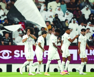 Al Sadd's Akram Afif (left) celebrates with team-mates after scoring against Al Ahli at the Jassim Bin Hamad Stadium. Al Sadd's Akram Afif (left) celebrates with team-mates after scoring against Al Ahli at the Jassim Bin Hamad Stadium.