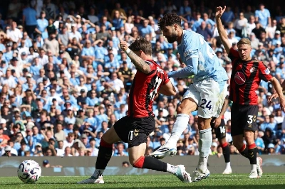Manchester City's Croatian defender Josko Gvardiol (second right) shoots to score a goal during the Premier League match against Bournemouth at the Etihad Stadium in Manchester on August 23, 2026. (AFP) Manchester City's Croatian defender Josko Gvardiol (second right) shoots to score a goal during the Premier League match against Bournemouth at the Etihad Stadium in Manchester on August 23, 2026. (AFP)