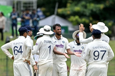 India's Prasidh Krishna (centre) celebrates with teammates after taking the wicket of Sri Lanka's Kamindu Mendis during the third day of the second Test at the Sinhalese Sports Club Ground in Colombo on August 25, 2026. (AFP) India's Prasidh Krishna (centre) celebrates with teammates after taking the wicket of Sri Lanka's Kamindu Mendis during the third day of the second Test at the Sinhalese Sports Club Ground in Colombo on August 25, 2026. (AFP)