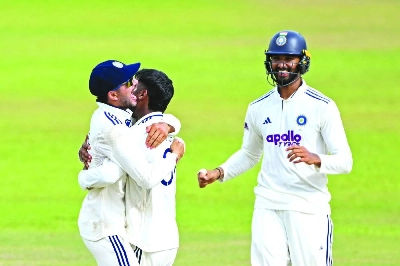 India's Manav Suthar celebrates with captain Shubman Gill (left) after taking the wicket of Sri Lanka's Pasindu Sooriyabandara during the fourth day of the second Test at the Sinhalese Sports Club Ground in Colombo on August 26, 2026. (AFP) India's Manav Suthar celebrates with captain Shubman Gill (left) after taking the wicket of Sri Lanka's Pasindu Sooriyabandara during the fourth day of the second Test at the Sinhalese Sports Club Ground in Colombo on August 26, 2026. (AFP)