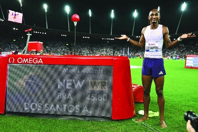 Brazil's Alison dos Santos clocked a sensational 45.80 seconds to beat the previous mark of 45.94sec set by Norway's Karsten Warholm. Brazil's Alison dos Santos clocked a sensational 45.80 seconds to beat the previous mark of 45.94sec set by Norway's Karsten Warholm.