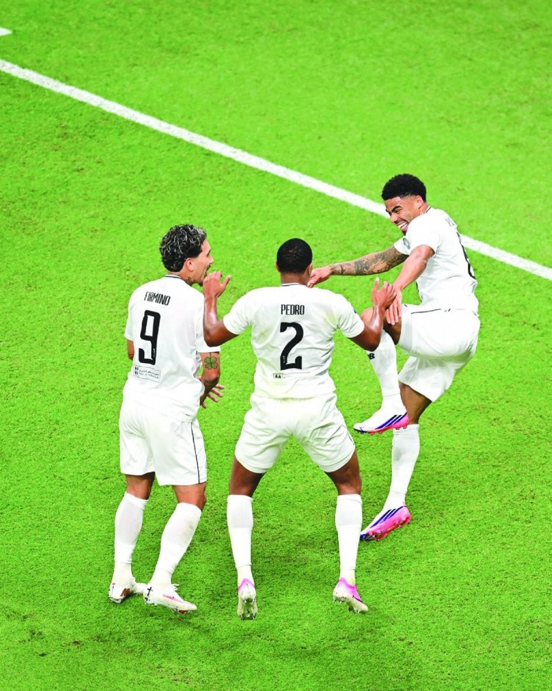 Al Sadd's Paulo Otavio (right) celebrates with Roberto Firmino and Pedro Miguel after scoring against Qatar SC at Ahmad Bin Ali Stadium. Al Sadd's Paulo Otavio (right) celebrates with Roberto Firmino and Pedro Miguel after scoring against Qatar SC at Ahmad Bin Ali Stadium.