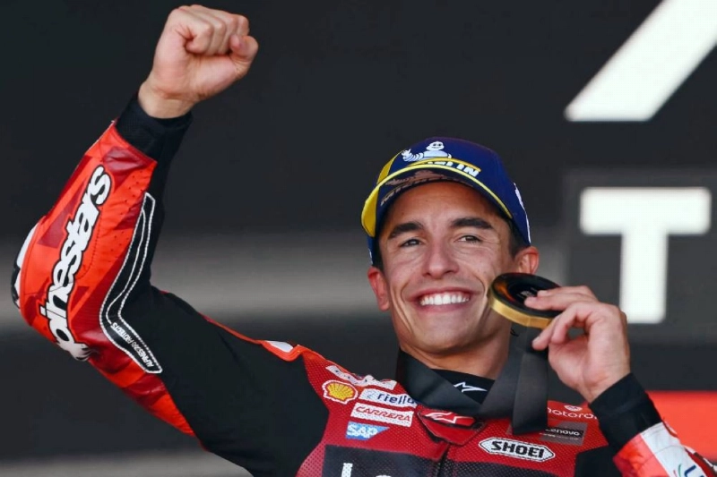 Team Ducati Lenovo Team's Marc Marquez celebrates winning the sprint race of the MotoGP Aragon Grand Prix at the Motorland circuit in Alcaniz, northeastern Spain, on August 29, 2026. (AFP) Team Ducati Lenovo Team's Marc Marquez celebrates winning the sprint race of the MotoGP Aragon Grand Prix at the Motorland circuit in Alcaniz, northeastern Spain, on August 29, 2026. (AFP)