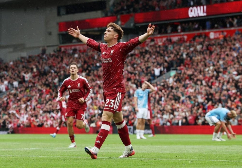 Liverpool's Victor Munoz celebrates scoring the team's second goal during the Premier League match against Nottingham Forest at Anfield in Liverpool on August 29, 2026. (Reuters)