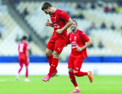 Al Shahania's Francesco Antonucci celebrates scoring against Al Sailiya at the Lusail Stadium on Saturday. Al Shahania's Francesco Antonucci celebrates scoring against Al Sailiya at the Lusail Stadium on Saturday.