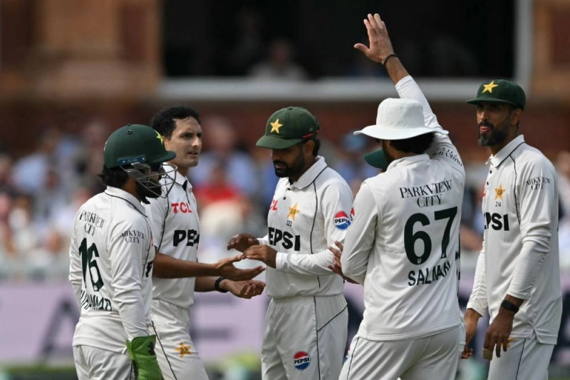 Pakistan's Muhammad Abbas celebrates with teammates after taking the wicket of England's Dan Lawrence on day four of the second Test at Lord's cricket ground in London on August 30, 2026. (AFP) Pakistan's Muhammad Abbas celebrates with teammates after taking the wicket of England's Dan Lawrence on day four of the second Test at Lord's cricket ground in London on August 30, 2026. (AFP)