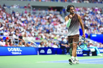 Carlos Alcaraz of Spain reacts during the US Open first round match against Roman Safiullin in New York. (AFP) Carlos Alcaraz of Spain reacts during the US Open first round match against Roman Safiullin in New York. (AFP)