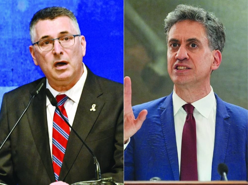 (COMBO) This combination of pictures created on September 1, 2026, shows Israel's Foreign Minister Gideon Saar (L) speaking to members of a bipartisan delegation of American legislators at the Foreign Ministry in Jerusalem on September 15, 2025, and Britain's Climate Change and Net Zero Secretary Ed Miliband (R) speaking at a London Climate Week reception, hosted by the Department for Energy Security and Net Zero (DESNZ), at St James's Palace, London on June 24, 2026. Britain's Foreign Secretary Ed Miliband vowed on September 1, 2026, to launch a major reset of policy towards Israel in the coming weeks, as he condemned "appalling settler terrorism" in the occupied West Bank, with Israel's Foreign Minister Gideon Saar warning Britain while speaking on a podcast on September 1, that Israel would retaliate to any sanctions after London vowed a policy reset on Israel in response to settler violence in the occupied West Bank. (Photo by DEBBIE HILL and Yui Mok / POOL / AFP) (COMBO) This combination of pictures created on September 1, 2026, shows Israel's Foreign Minister Gideon Saar (L) speaking to members of a bipartisan delegation of American legislators at the Foreign Ministry in Jerusalem on September 15, 2025, and Britain's Climate Change and Net Zero Secretary Ed Miliband (R) speaking at a London Climate Week reception, hosted by the Department for Energy Security and Net Zero (DESNZ), at St James's Palace, London on June 24, 2026. Britain's Foreign Secretary Ed Miliband vowed on September 1, 2026, to launch a major reset of policy towards Israel in the coming weeks, as he condemned "appalling settler terrorism" in the occupied West Bank, with Israel's Foreign Minister Gideon Saar warning Britain while speaking on a podcast on September 1, that Israel would retaliate to any sanctions after London vowed a policy reset on Israel in response to settler violence in the occupied West Bank. (Photo by DEBBIE HILL and Yui Mok / POOL / AFP)