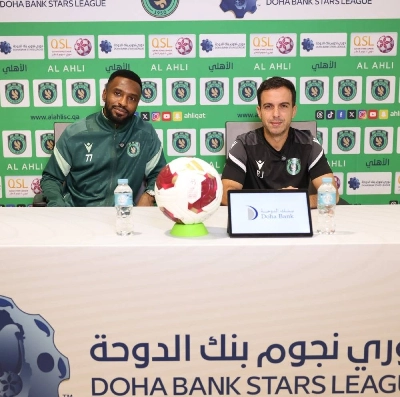 Al Ahli coach Borja Jimenez and player Ismail Mohammed while speaking to the media ahead of their match against Qatar SC. Al Ahli coach Borja Jimenez and player Ismail Mohammed while speaking to the media ahead of their match against Qatar SC.