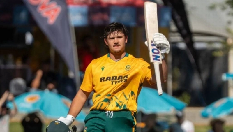 South Africa's Lhuan-dre Pretorius celebrates his hundred against Namibia on Friday. South Africa's Lhuan-dre Pretorius celebrates his hundred against Namibia on Friday.