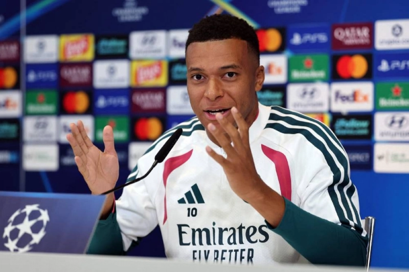 Kylian Mbappe gives a press conference in Madrid ahead of the UEFA Champions League first round day 1 football match between Real Madrid and Inter Milan. (AFP) Kylian Mbappe gives a press conference in Madrid ahead of the UEFA Champions League first round day 1 football match between Real Madrid and Inter Milan. (AFP)