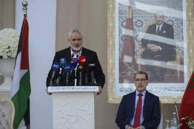 Ismaïl Haniyeh s'exprimant lors de la conférence de presse tenue à Rabat