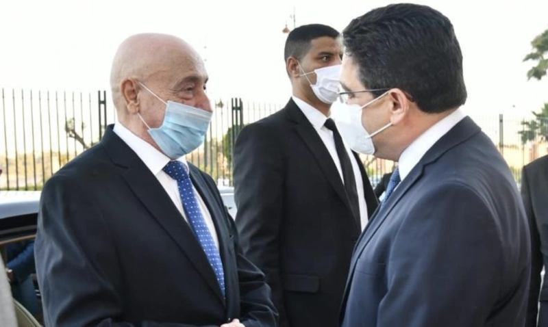 Nasser Bourita accueillant le président de la Chambre des représentants libyenne, Aguila Saleh
