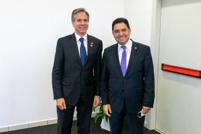 Le ministre Nasser Bourita avec le Secrétaire d’État américain, Antony Blinken, co-organisateur avec le ministre des Affaires étrangères et de la Coopération internationale de l'Italie, Luigi Di Maio, de la réunion ministérielle de Rome
