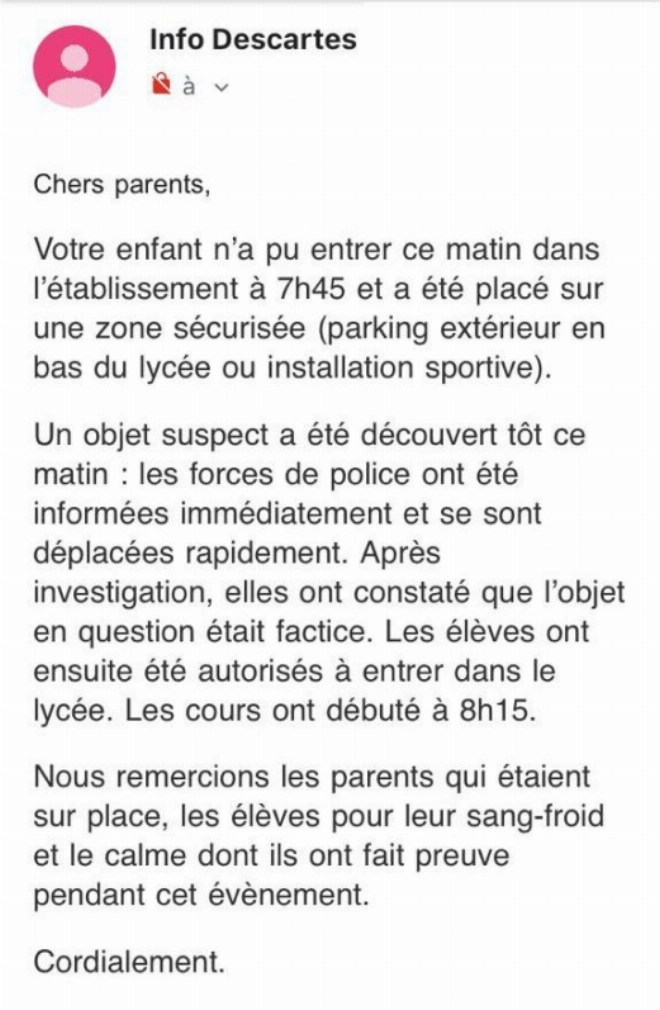 Message reçu par les parents d'élèves