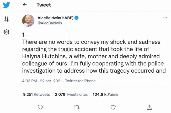 Alec Baldwin réagit sur Twitter après le drame