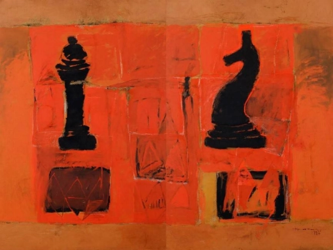 Echiquier, 1997, Paris. Technique mixte sur toile, 200 x 260 cm. Collection Fondation Alliances