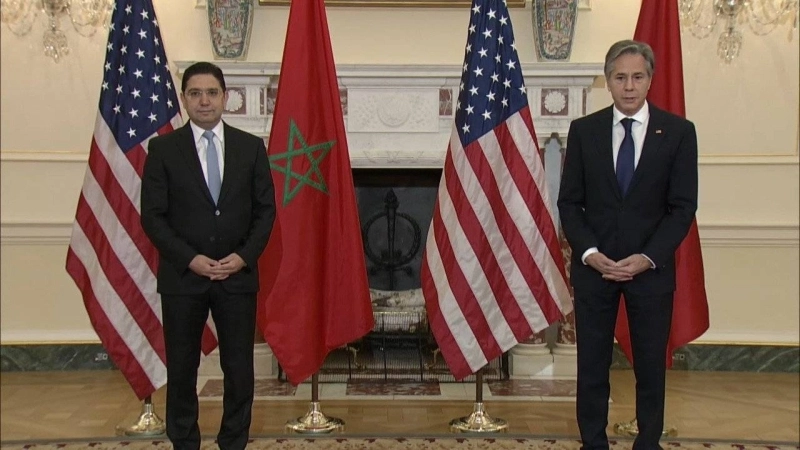 Le Secrétaire d'Etat américain, Antony Blinken recevant le ministre des Affaires étrangères, de la coopération africaine et des Marocains résidant à l’étranger, Nasser Bourita.