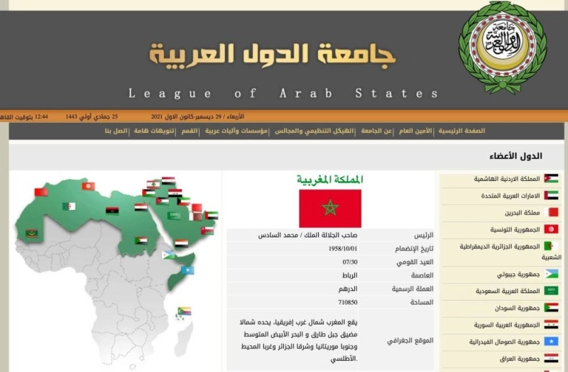 Le Monde arabe selon la Ligue arabe. Le Maroc a des frontières avec la Mauritanie au Sud. L’Algérie a des frontières avec le Maroc à l’est.