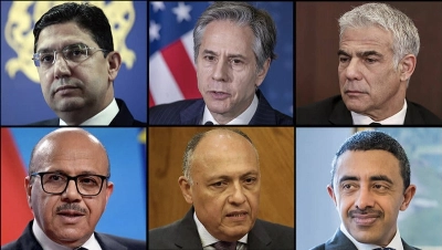 De gauche à droite. Nasser Bourita, Antony Blinken, Yair Lapid, Abdullatif bin Rashid Al- Zayani (Bahreïn), Sameh Shoukry (Egypte) et Abdullah bin Zayed Al Nahyan (Emirats arabes unis.