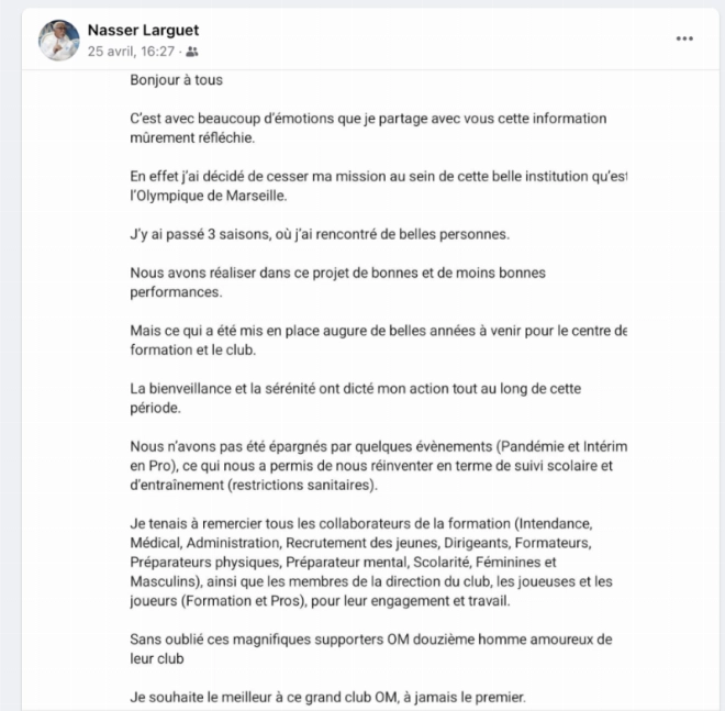 Post Facebook de Nasser Larguet annonçant sa démission de l'OM