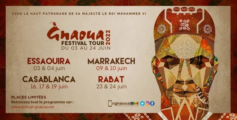 Placé sous le signe de la Fusion, le Gnaoua Festival Tour aura lieu du 3 au 24 juin 2022 à Essaouira, Marrakech, Casablanca et Rabat.