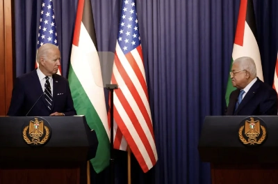 Joe Biden et Mahmoud Abbas lors de la conférence de presse tenue à Bethlehem