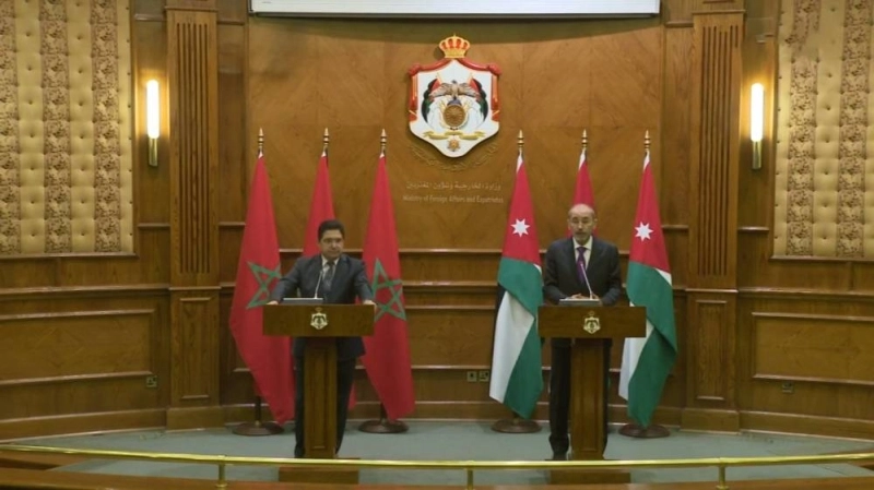 Nasser Bourita et Ayman Safadi lors du point de presse organisé à l'issue de leurs entretiens à Amman