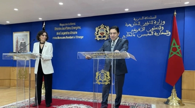 Nacer Bourita Hadja Lahbib lors de la conférence de presse conjointe.