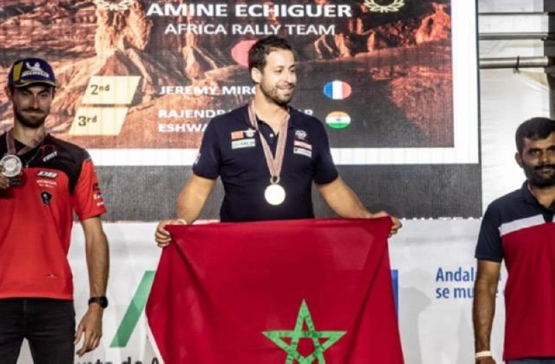 Amine Echiguer champion du monde dans la catégorie Moto « Rallye 3 », lors du rallye d’Andalousie 2022.