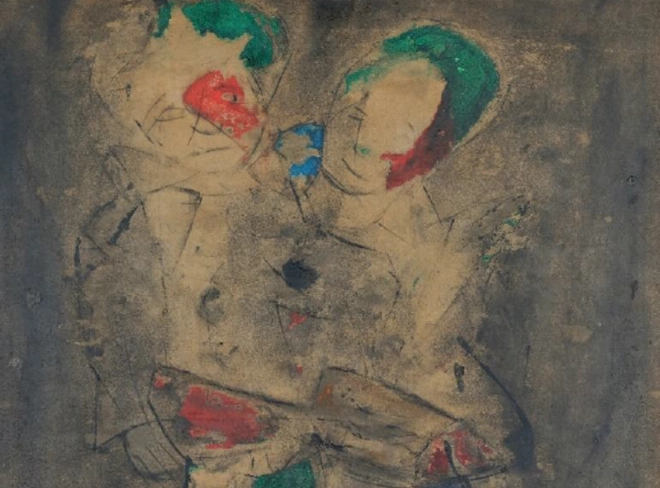 Personnage de cirque. Technique mixte sur papier, 78 x 55 cm Collection Fondation Alliances.