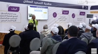 Des agriculteurs de la province de Béni Mellal recevant les explications données dans le cadre du dispositif “Al Moutmir Itinérant” dédié à l’olivier.