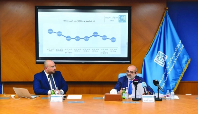 Dr Mohamed al-Masri (à droite) annonçant les résultats de l'enquête de l'ACRPS.