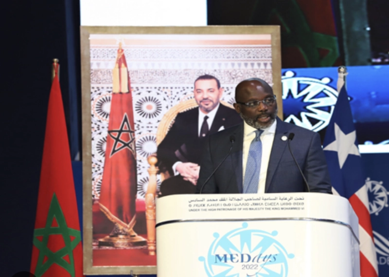 Le président de la République du Libéria, George Weah, prenant la parole lors de sa participation ç la 14ème édition du Forum MEDays 2022 en novembre dernier.