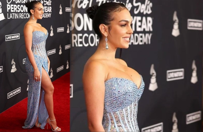 Georgina Rodriguez porte une robe audacieuse signée Ali Karoui, lors de la Latin Recording Academy.