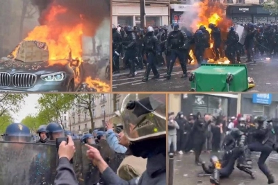 Voitures incendies, policier en flamme, pompier s'insurgeant contre des CRS...