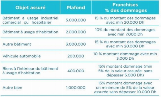 Franchises et plafonds d’indemnisation applicables aux contrats d’assurance de biens.