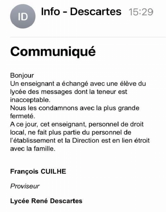Le communiqué du Lycée Descartes à propos de l'affaire