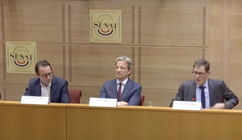 Le PDG de l'AFP Fabrice Fries (au centre) et le directeur de l'info Phil Chetwynd (à gauche) ont eu de la peine à convaincre les sénateurs français.