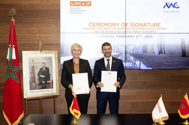 Hicham El Habti, président de l'UM6P et Nezha Hayat, présidente de l’AMMC.