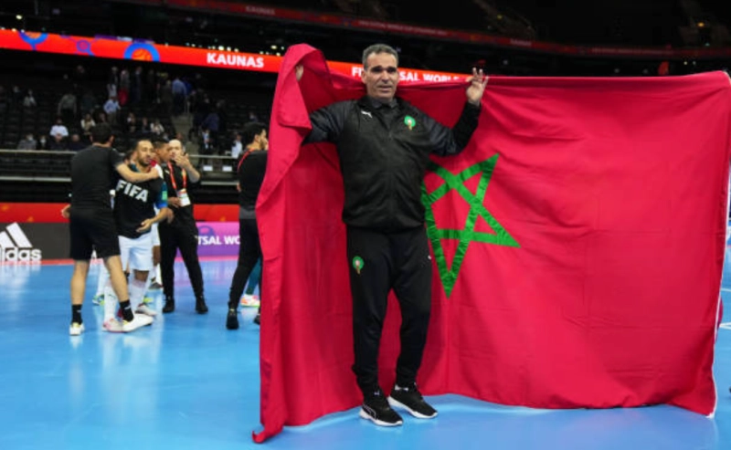 Hicham Dguig lors des 8èmes de finale de la Coupe du Monde de Futsal de la FIFA 2021 entre le Venezuela et le Maroc à Kaunas, en Lituanie.