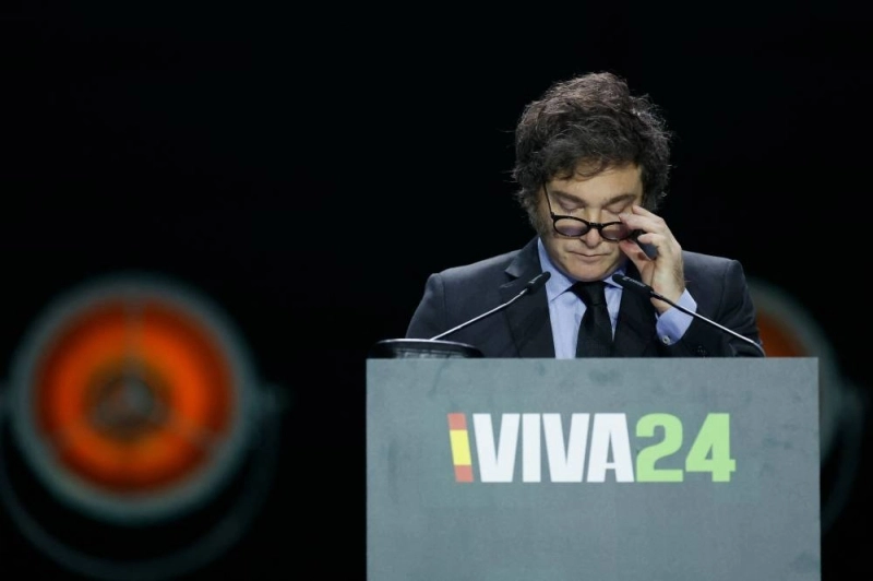 Le président argentin Javier Milei prononce un discours ors du rassemblement du parti d'extrême droite espagnol Vox à Madrid le 19 mai 2024. Photo AFP